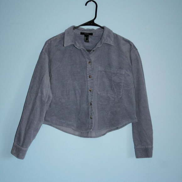 Forever 21 Tops - Forever 21 Cropped Blue Wide Rail Corduroy Button Up Shirt 100% Cotton Sz Small